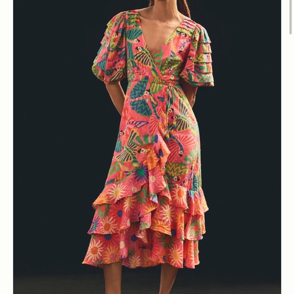 Farm Rio Macaw Ruffled Wrap Dress size Small - Picture 2 of 8